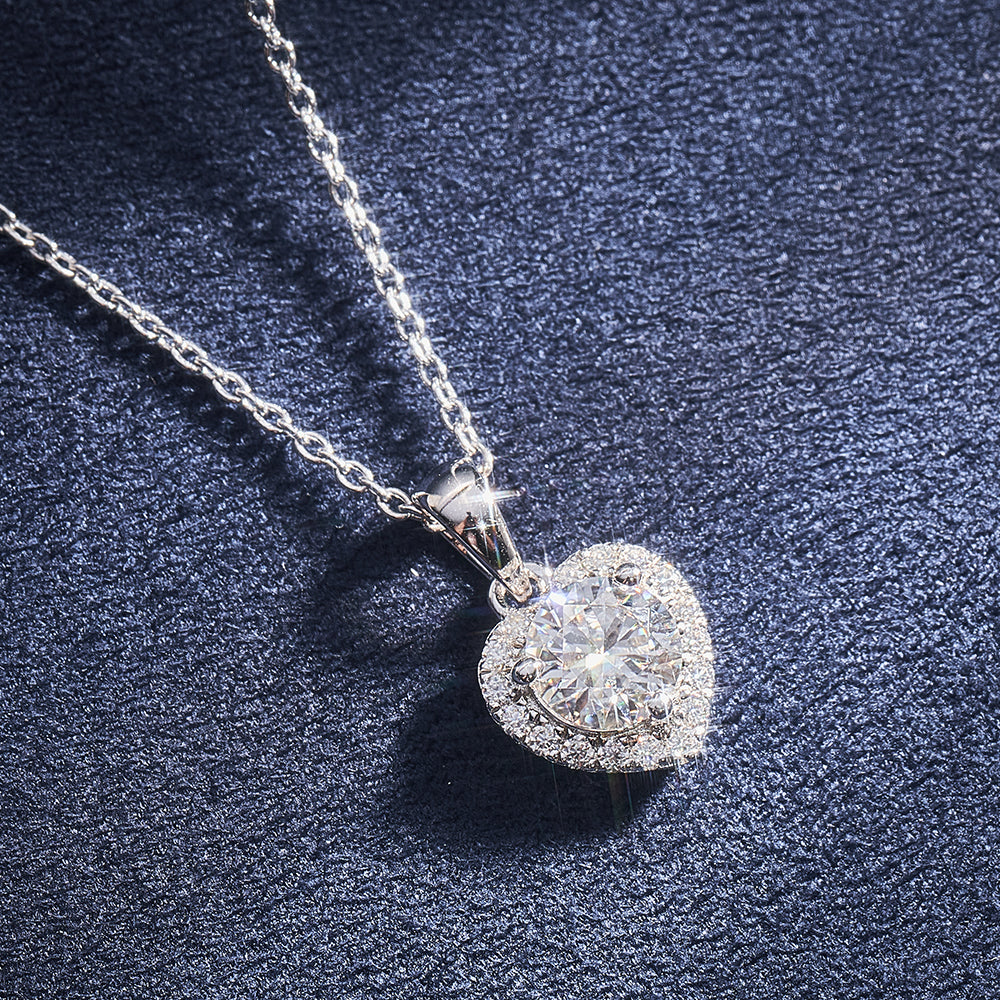 Moissanite Heart Shaped Halo Pendant Necklaces for Women 1CT