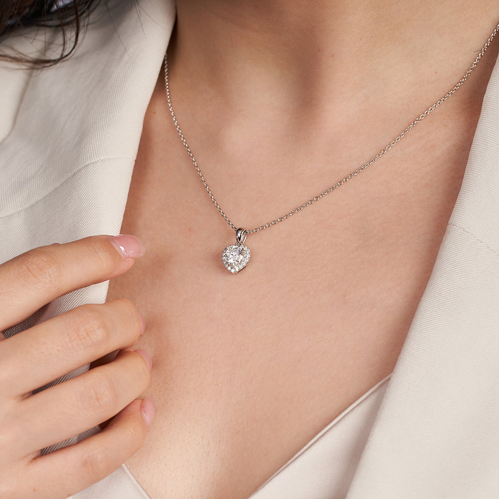 Moissanite Heart Shaped Halo Pendant Necklaces for Women 1CT