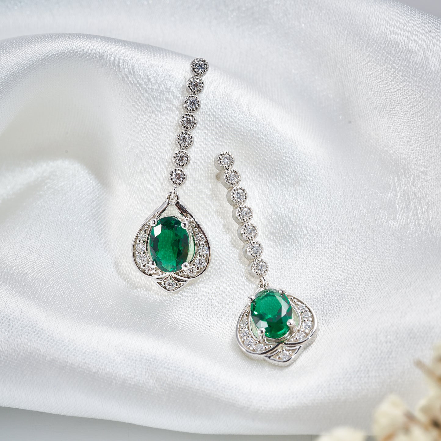 Moissanite Oval Emerald Vintage Drop Earrings in Silver