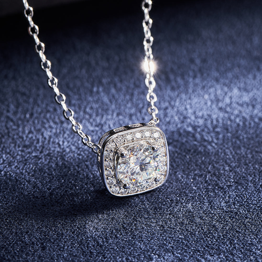 Moissanite Square Halo Pendant Necklaces for Women 1CT