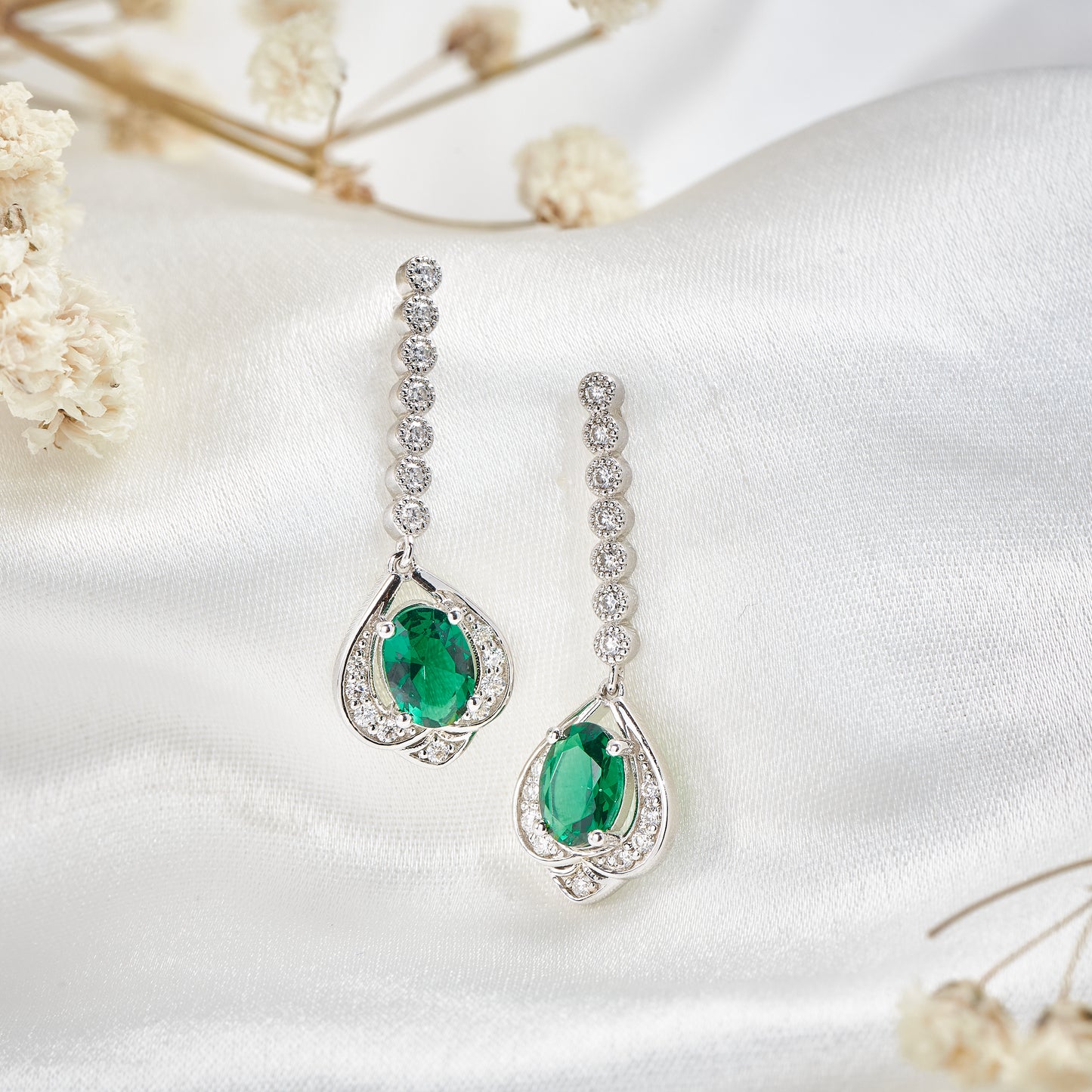 Moissanite Oval Emerald Vintage Drop Earrings in Silver