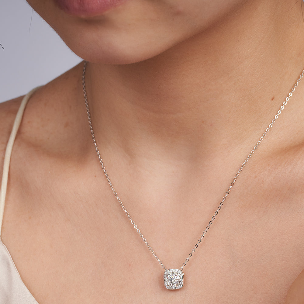 Moissanite Square Halo Pendant Necklaces for Women 1CT