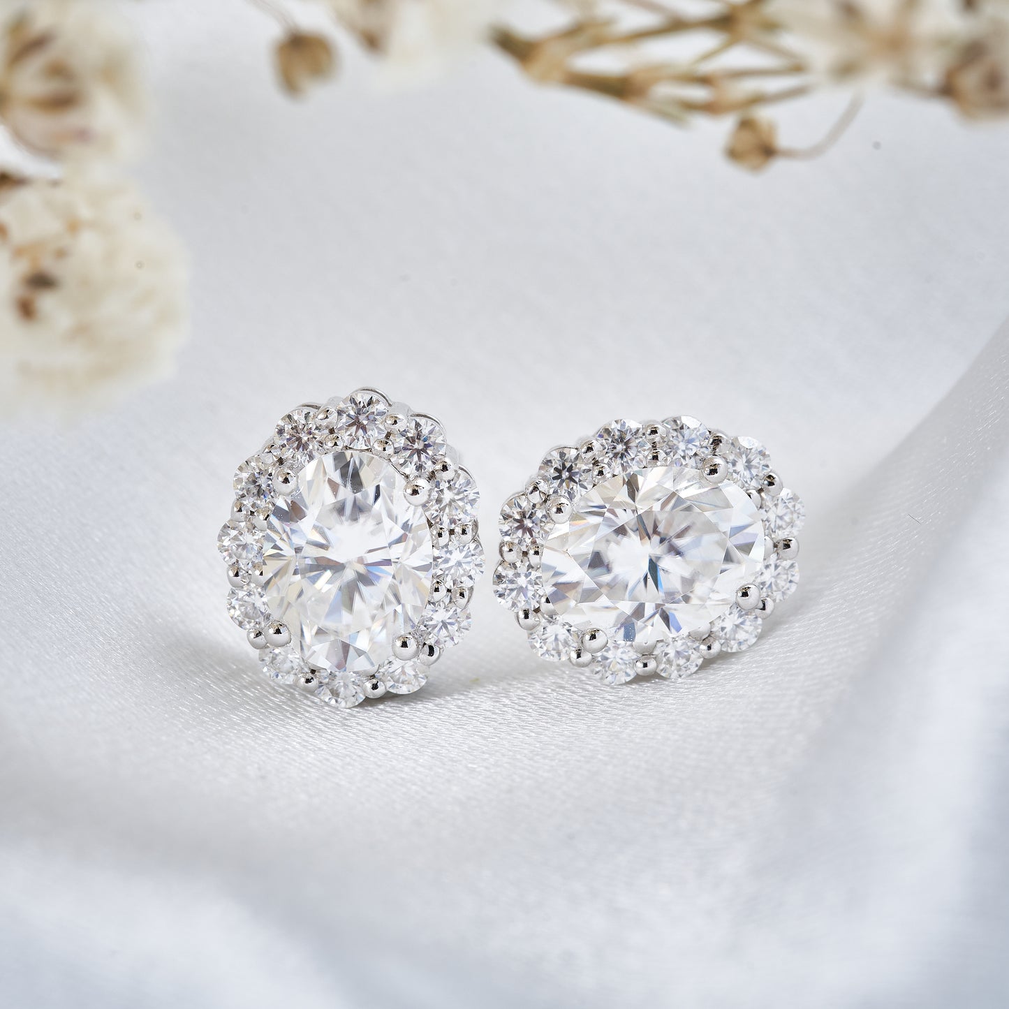 Moissanite Oval Halo Stud Earrings for Women 3CT