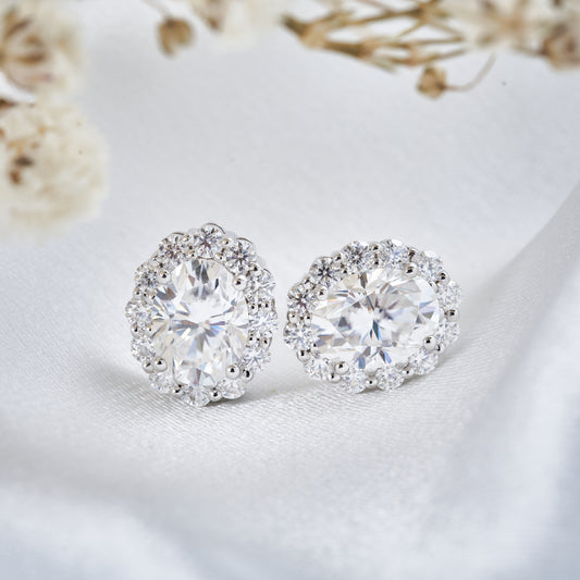 Moissanite Oval Halo Stud Earrings for Women 3CT