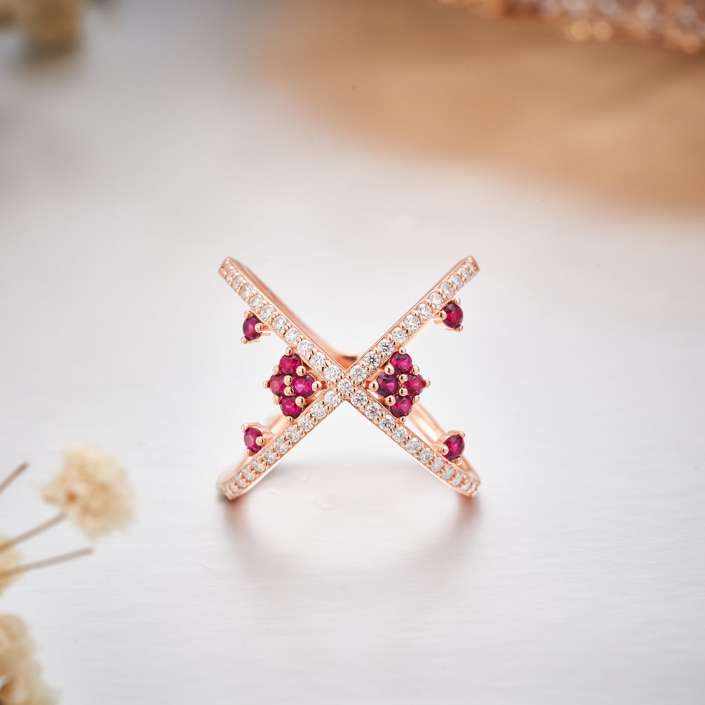 Moissanite  X Cross 18K Rose Gold Plated Ruby Ring for Women