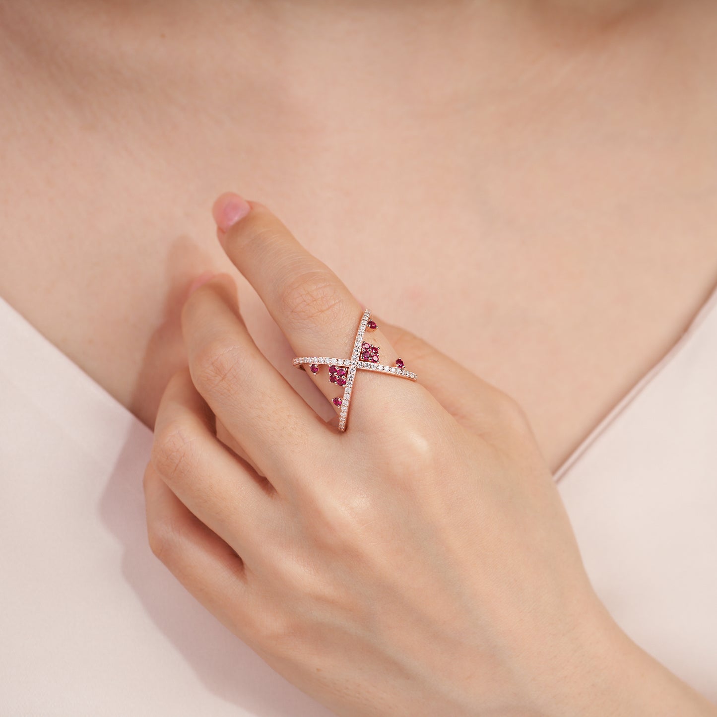 Moissanite  X Cross 18K Rose Gold Plated Ruby Ring for Women