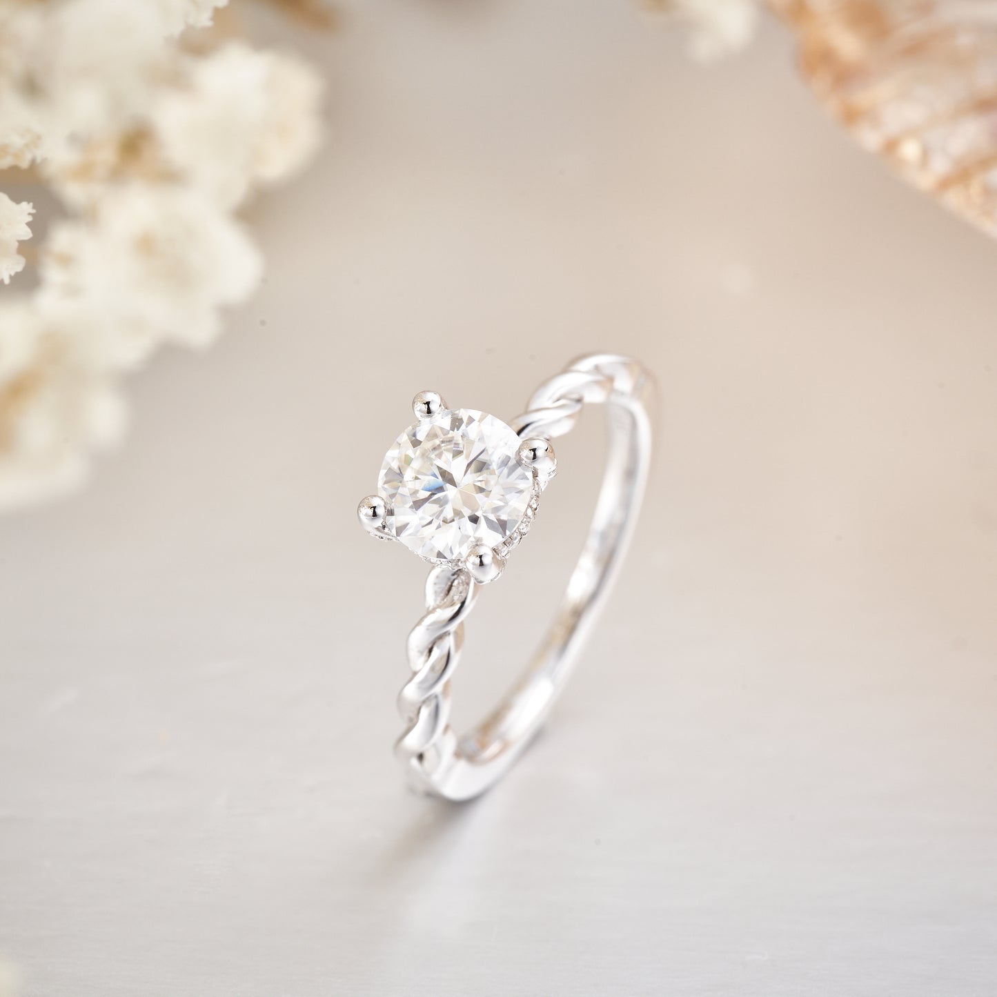 Moissanite Solitaire Twist Moissanite Engagement Ring with Hidden Halo