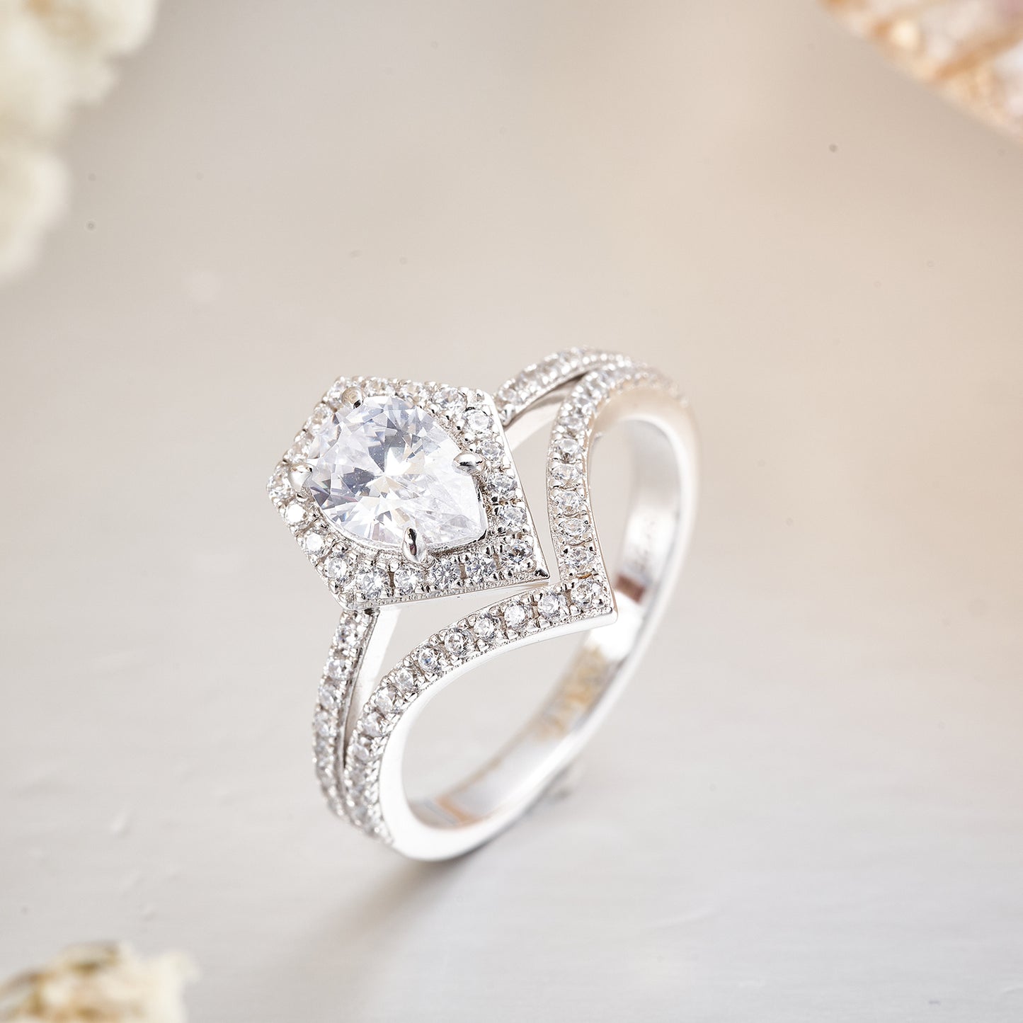 Moissanite Pear Shaped Halo Engagement Tiara Ring for Women