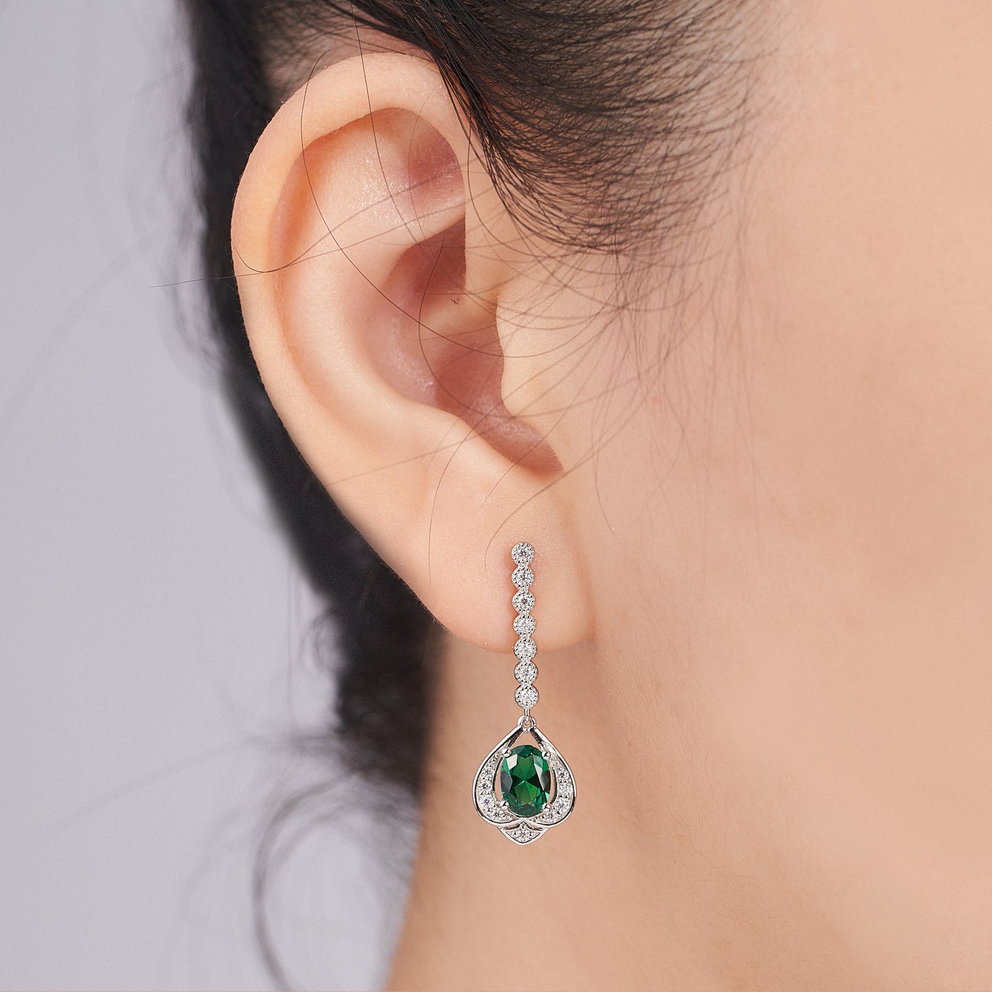 Moissanite Oval Emerald Vintage Drop Earrings in Silver