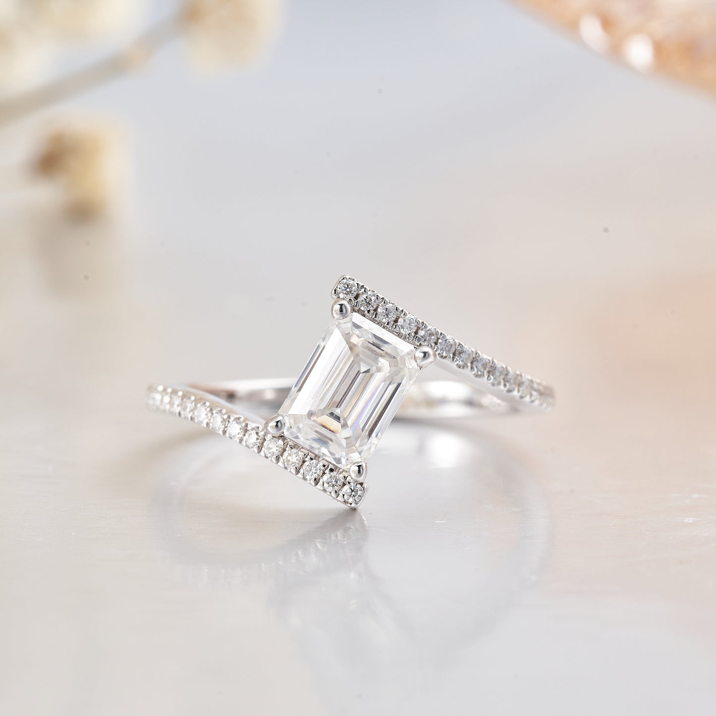 Moissanite Emerald Cut Bypass Engagement Ring for Women 1CT