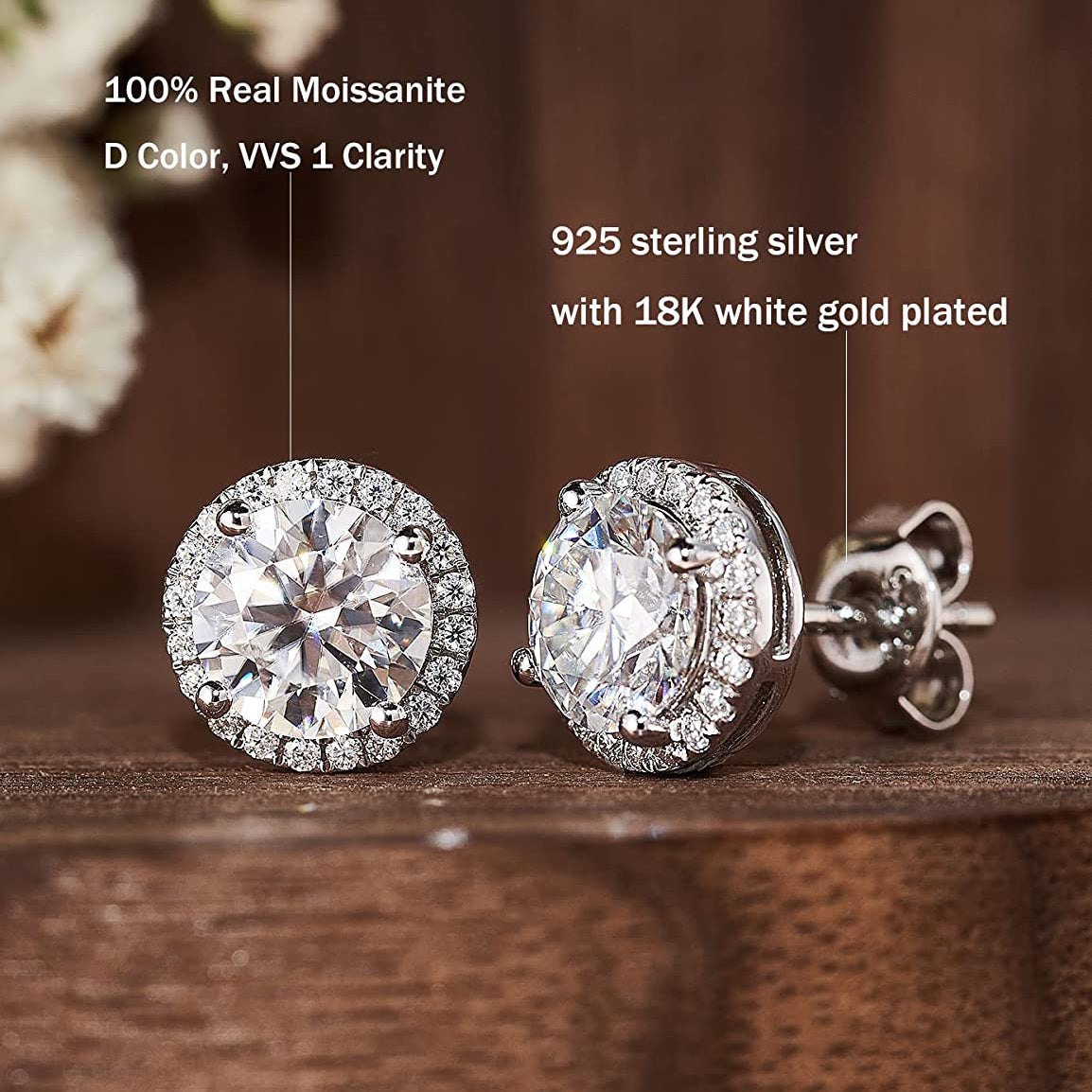 Moissanite Round Cut Halo Stud Earrings for Women