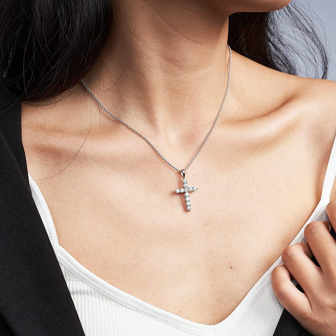 Moissanite Cross Pendent Necklace for Women in Sterling Silver