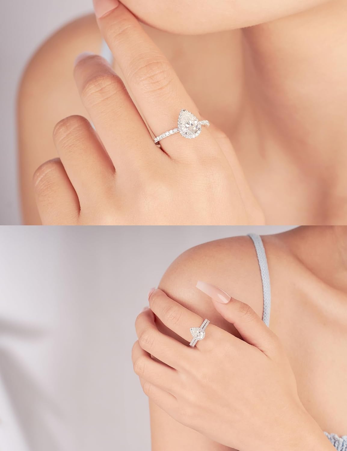 Moissanite Pear Shaped Halo Engagement Rings for Women