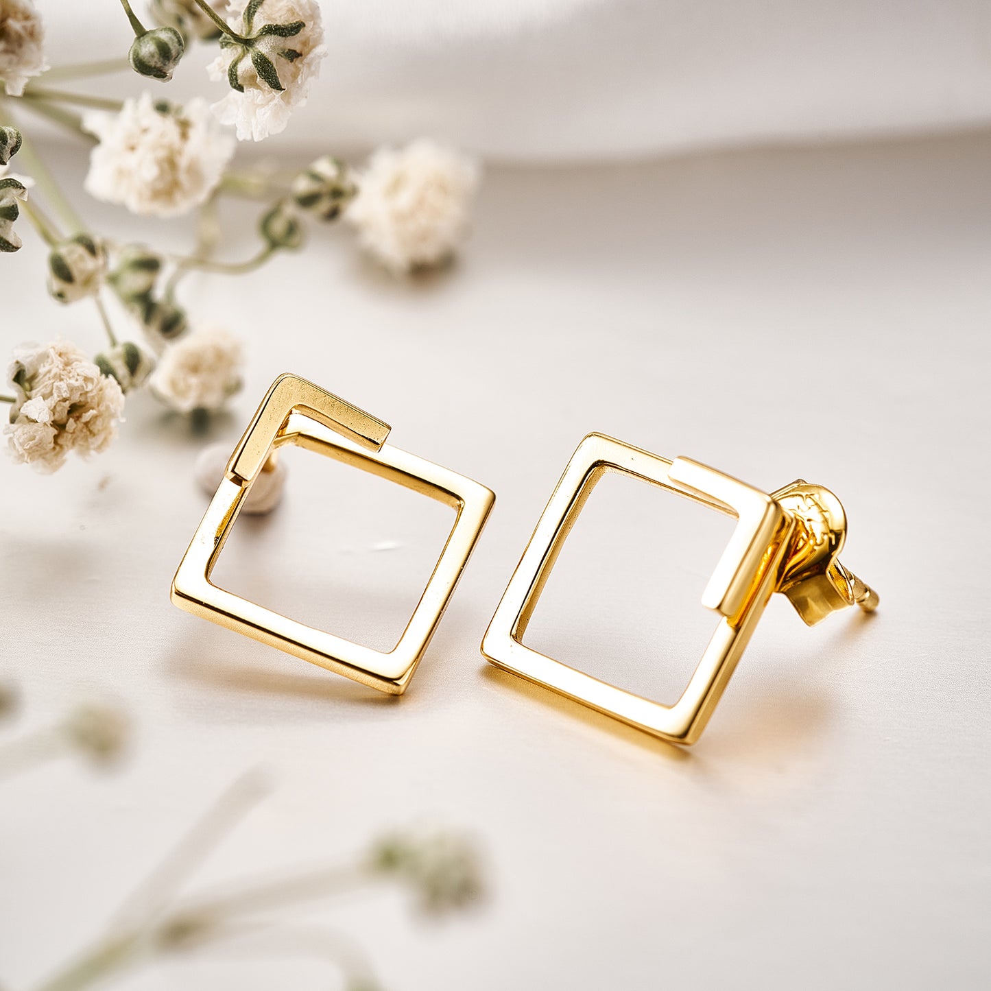 Sterling Silver Open Square Stud Earring for Women Yellow Gold