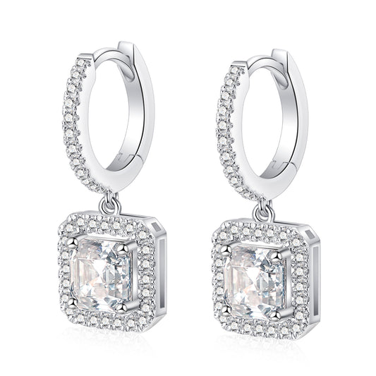 Moissanite Asscher Cut Halo Hoop Earrings for Women in Sterling Silver