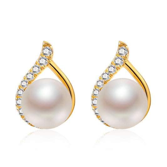 Moissanite Pearl Teardrop Stud Earrings for Women Yellow Gold