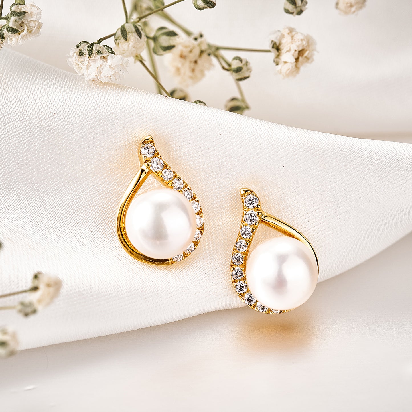 Moissanite Pearl Teardrop Stud Earrings for Women Yellow Gold