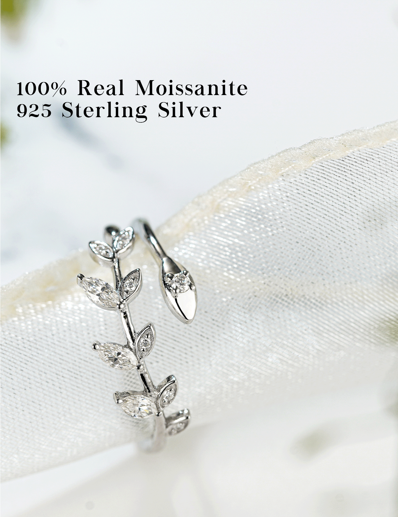 Moissanite Adjustable Leaf Eternity Wedding Band for Women