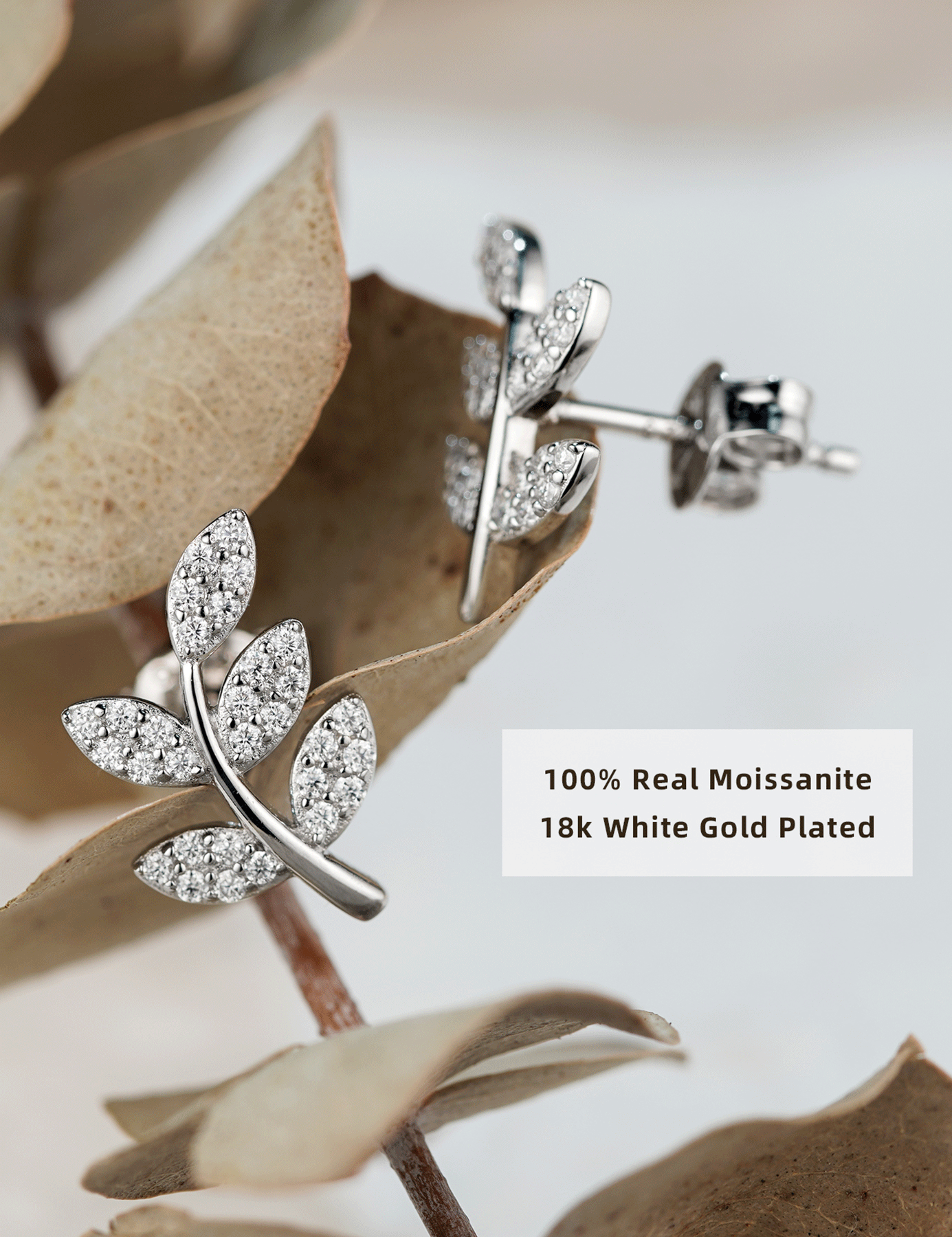 Moissanite Leaf Nature Inspired Stud Earrings for Women