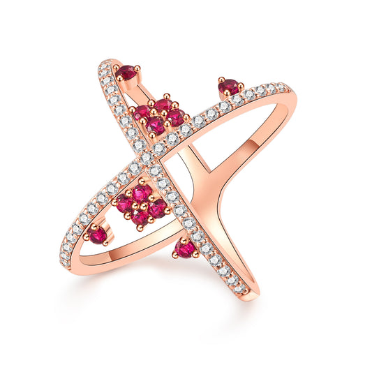 Moissanite  X Cross 18K Rose Gold Plated Ruby Ring for Women