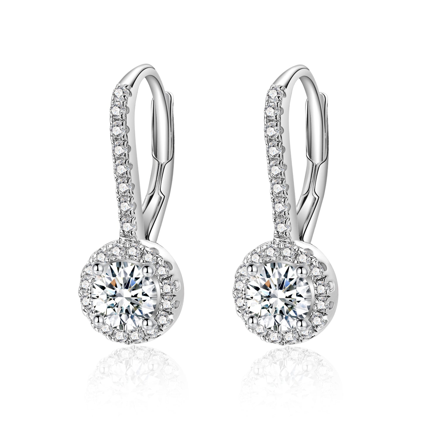 Moissanite Round Cut Halo Leverback Drop Earrings for Women 1CT