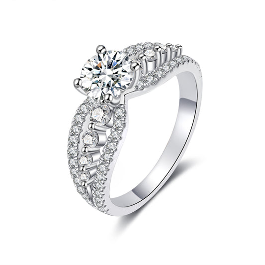 1CT Moissanite Split Shank 3 Rows Pave Engagement Ring for Women