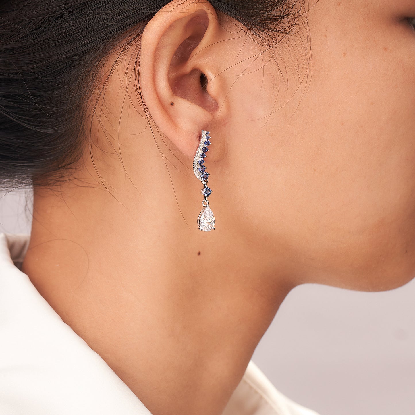 Moissanite Pear Angle Wing Sapphire Climber Dangle Earrings