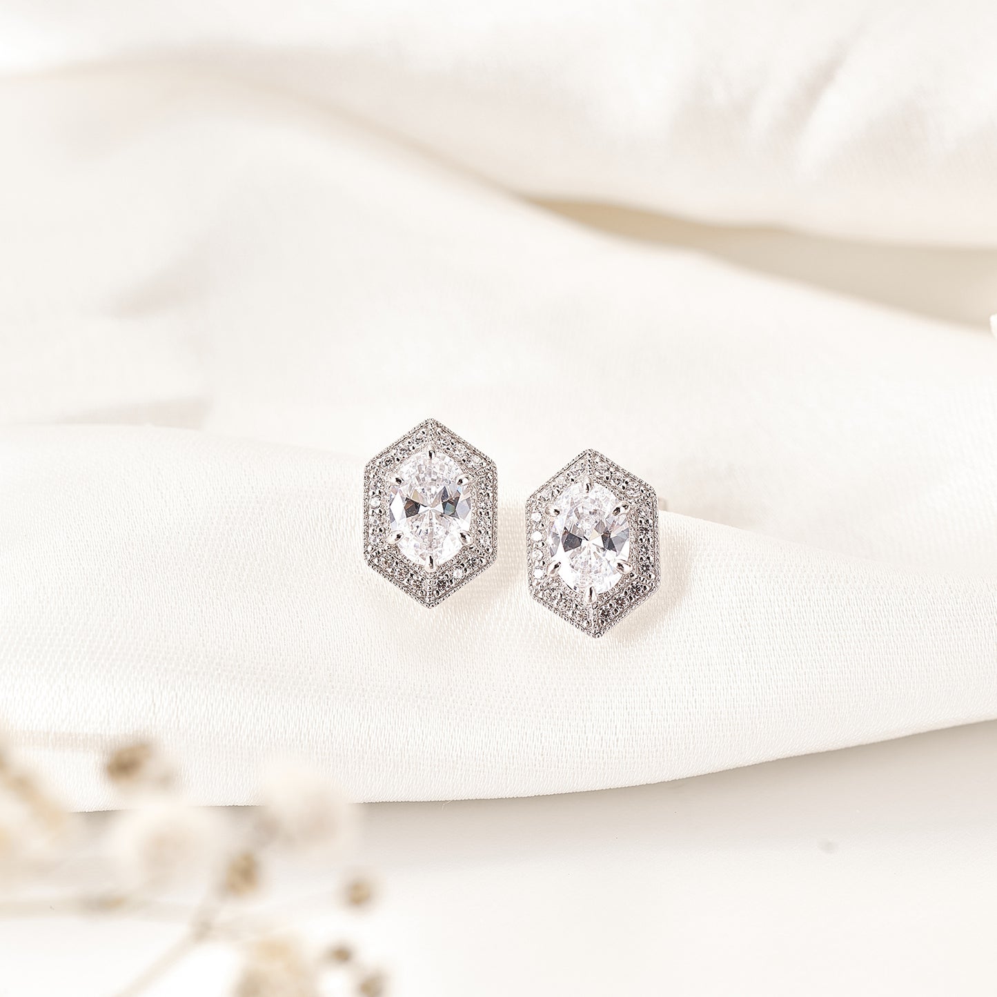 Moissanite Oval Cut Hexagon Halo Stud Earrings for Women