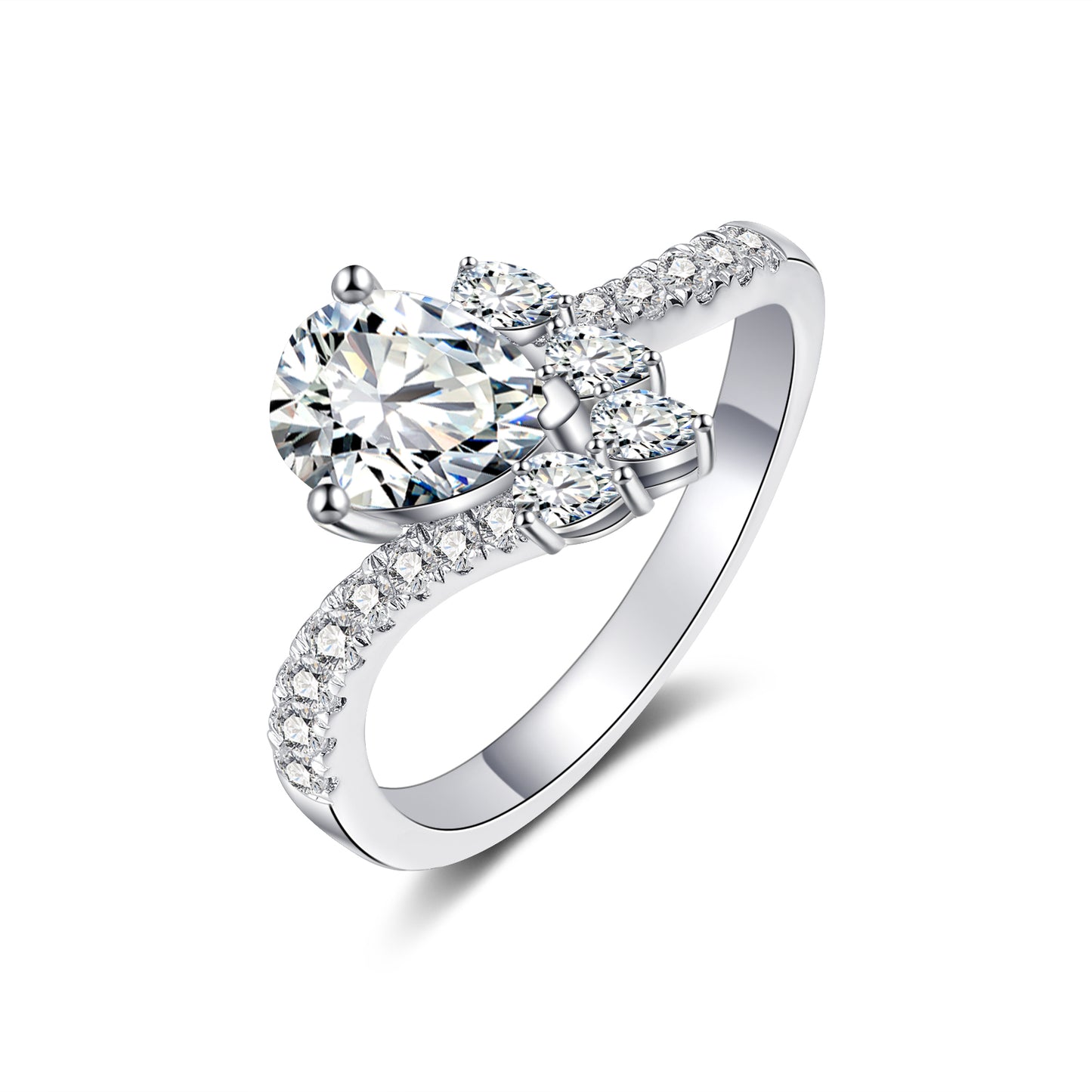 Moissanite Pear Shaped Engagement Ring for Women with Bypass Pave Band