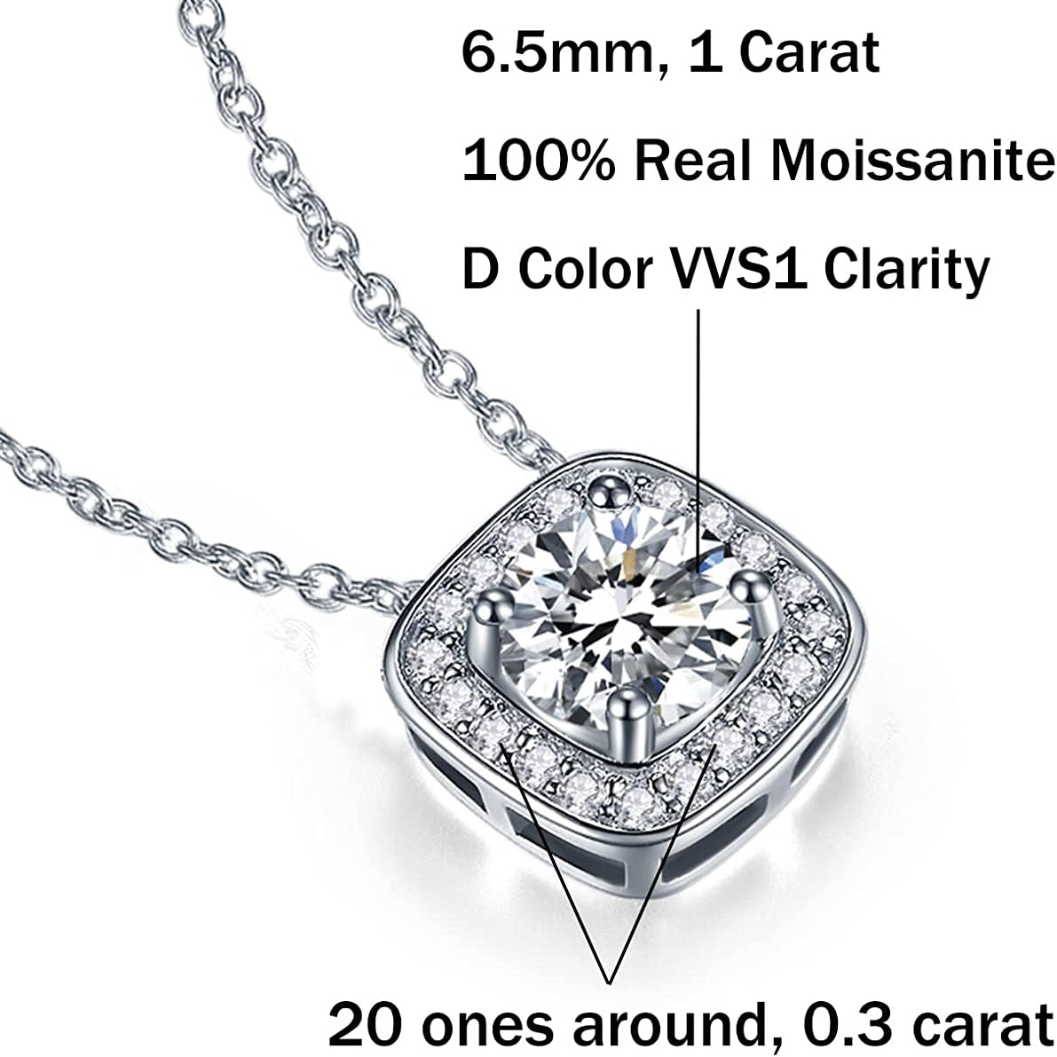 Moissanite Square Halo Pendant Necklaces for Women 1CT