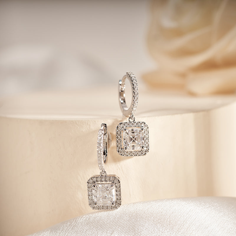 Moissanite Asscher Cut Halo Hoop Earrings for Women in Sterling Silver